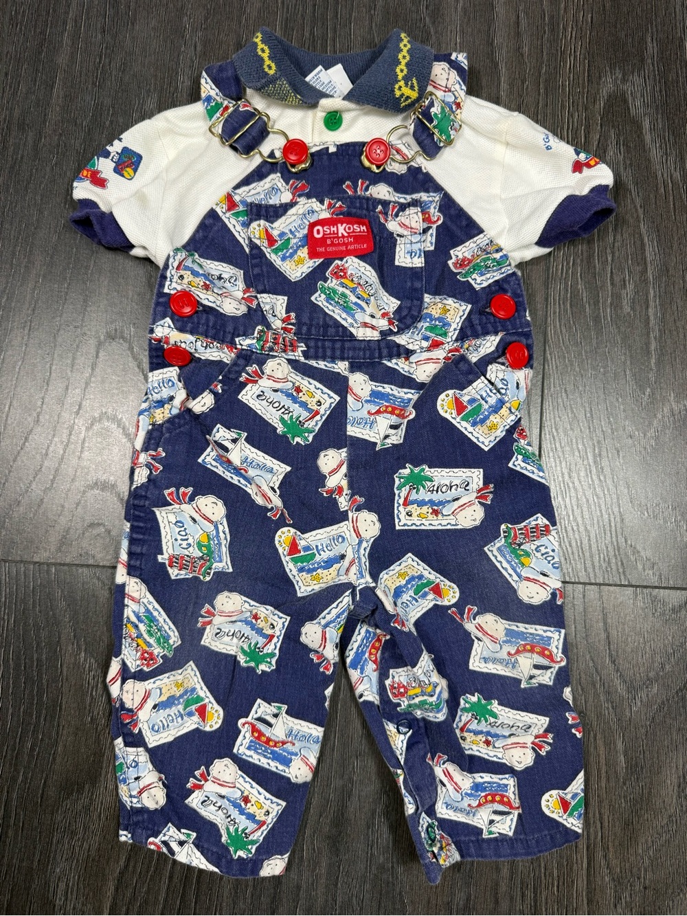 Vintage OshKosh B'gosh Navy Travel Stamp Printed Overalls